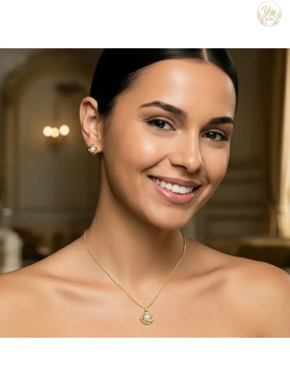 Freshwater Pearl Necklace & Earrings Set 14K Yellow Gold Plated Cubic Zirconia